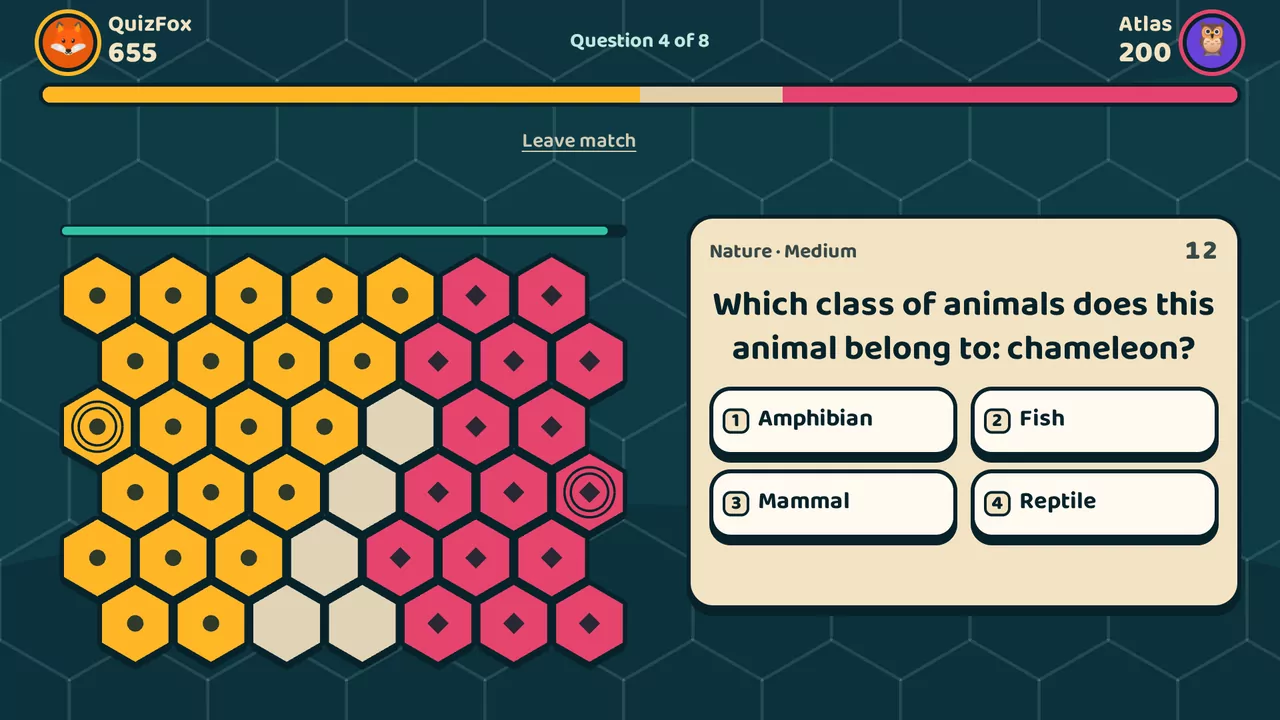 A Brainfront match in progress: the hex map on the left, a sports question with four answers on the right
