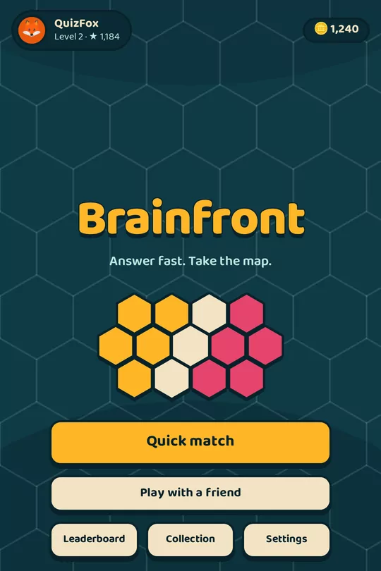 The Brainfront main menu with Quick match, Play with a friend, Leaderboard, Collection and Settings